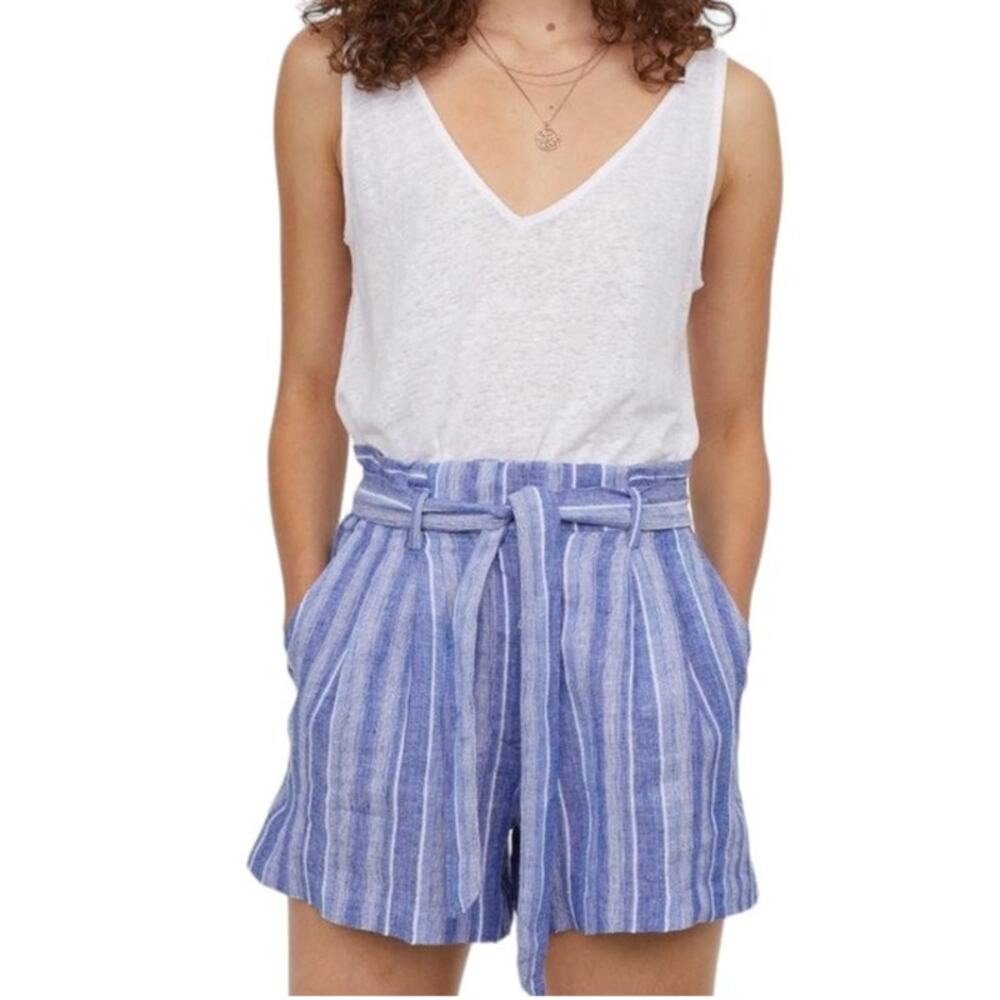 ❤️2/$12 H&M Women's Linen Blend Paperbag Shorts Blue White, Size 12